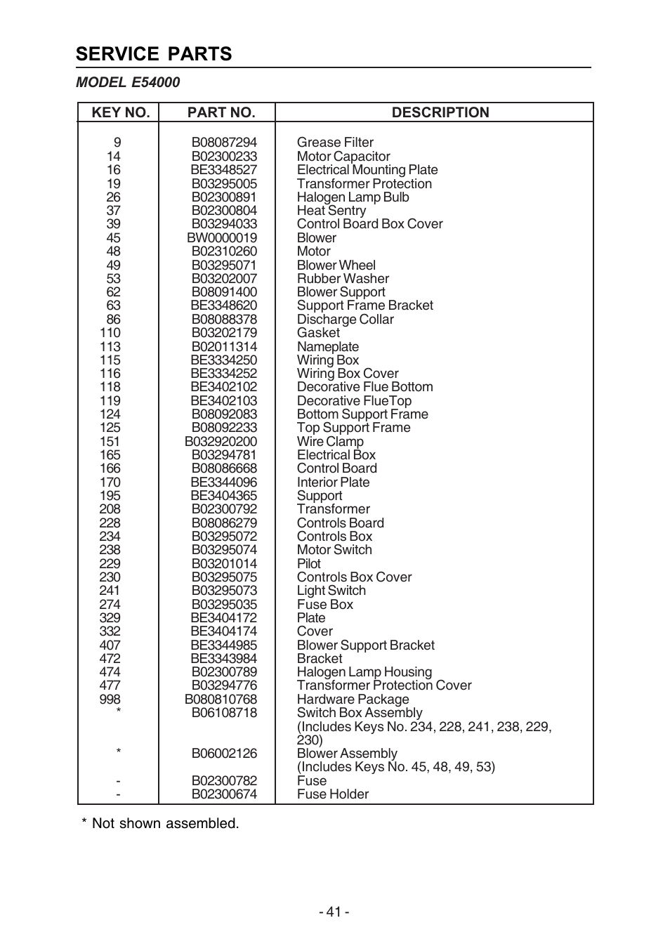 Service parts | Broan E54000 User Manual | Page 41 / 44