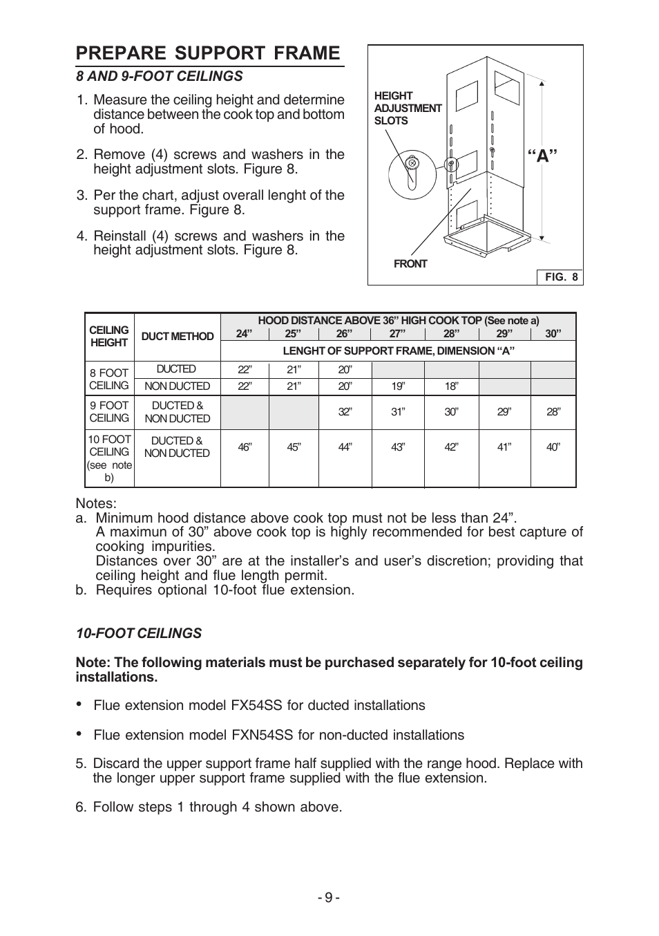 Prepare support frame | Broan E54000 User Manual | Page 9 / 44