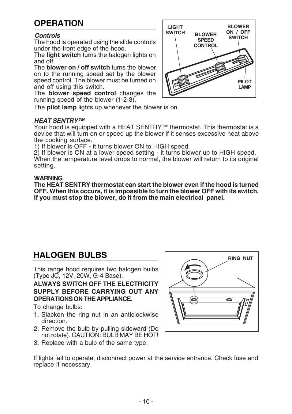 Halogen bulbs, Operation | Broan 61000 User Manual | Page 10 / 36