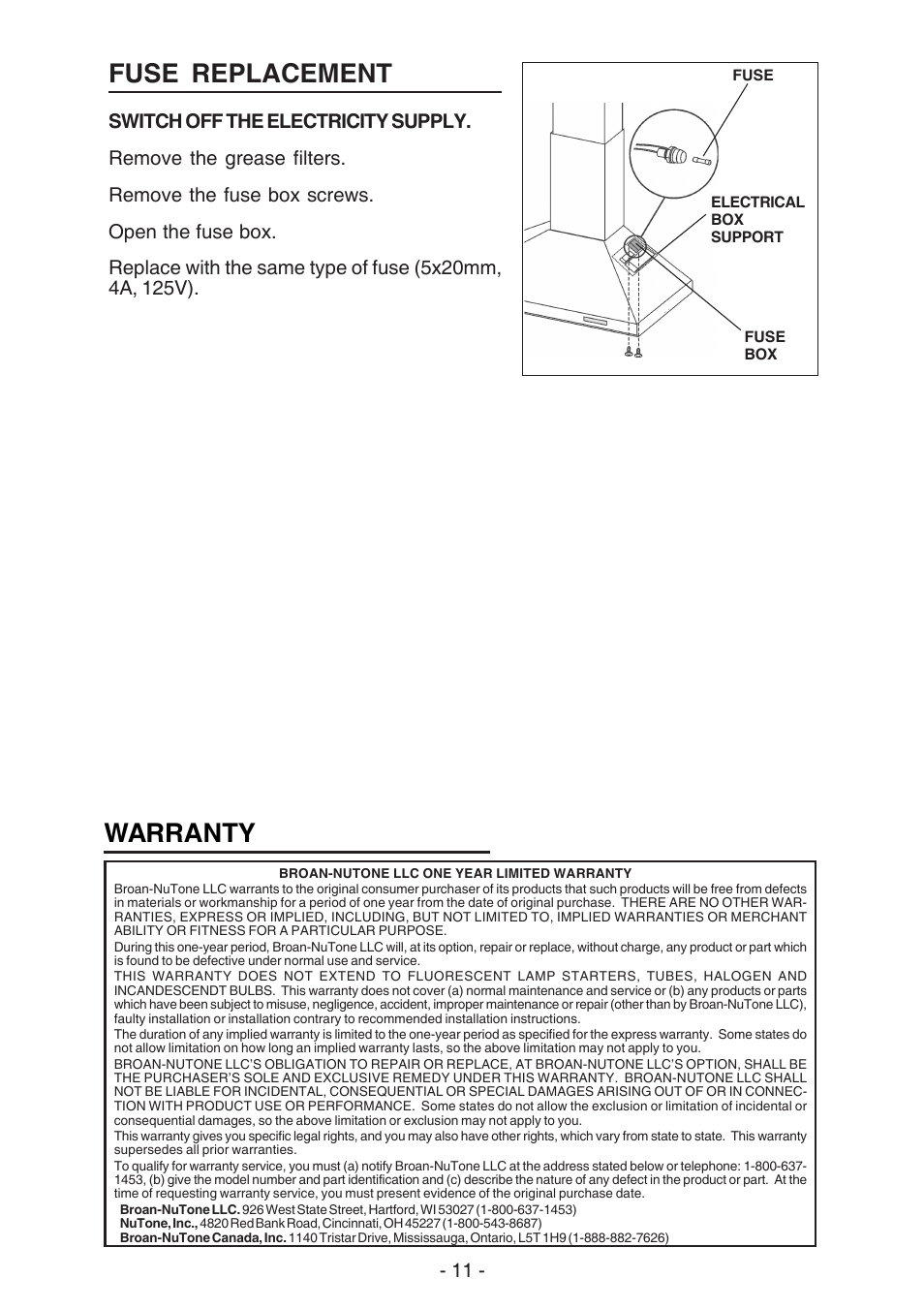 Fuse replacement, Warranty | Broan 61000 User Manual | Page 11 / 36