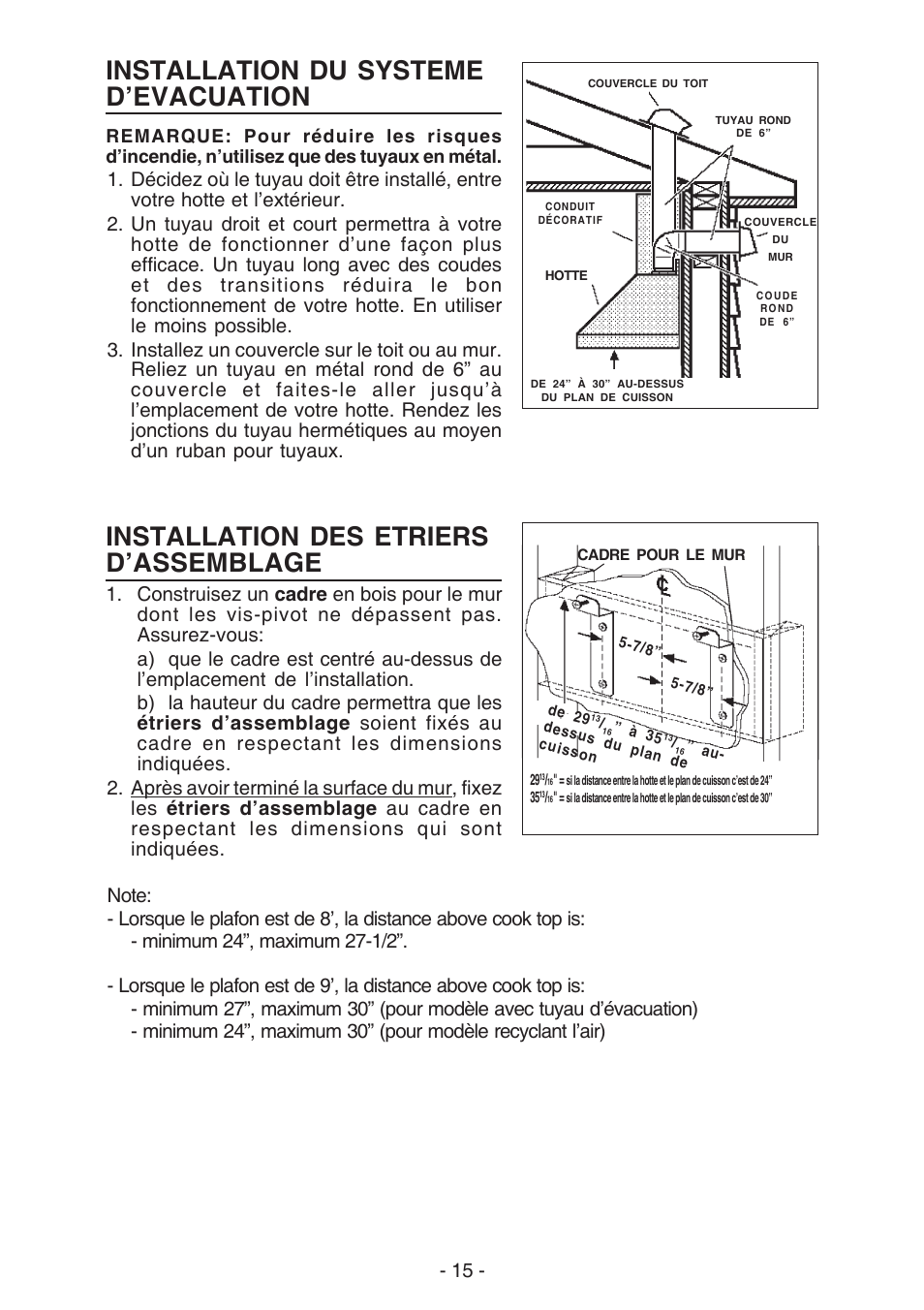 Installation du systeme d’evacuation, Installation des etriers d’assemblage | Broan 61000 User Manual | Page 15 / 36