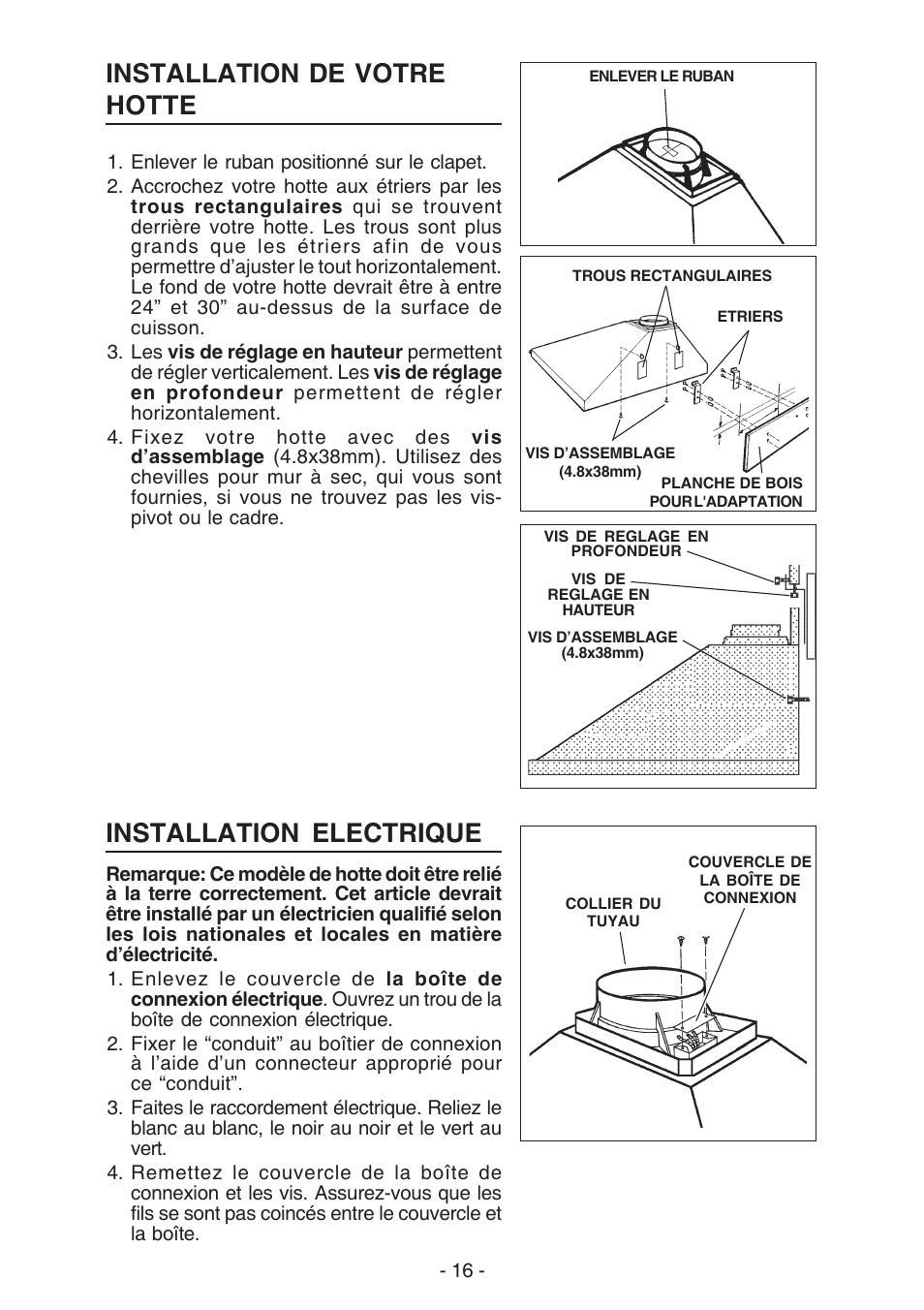 Installation de votre hotte, Installation electrique | Broan 61000 User Manual | Page 16 / 36