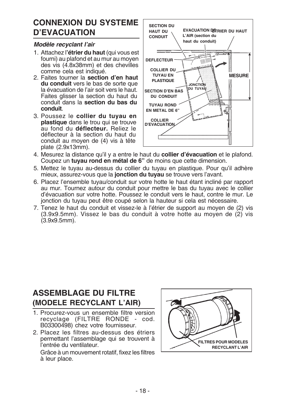 Connexion du systeme d’evacuation, Assemblage du filtre, Modele recyclant l’air) | Broan 61000 User Manual | Page 18 / 36