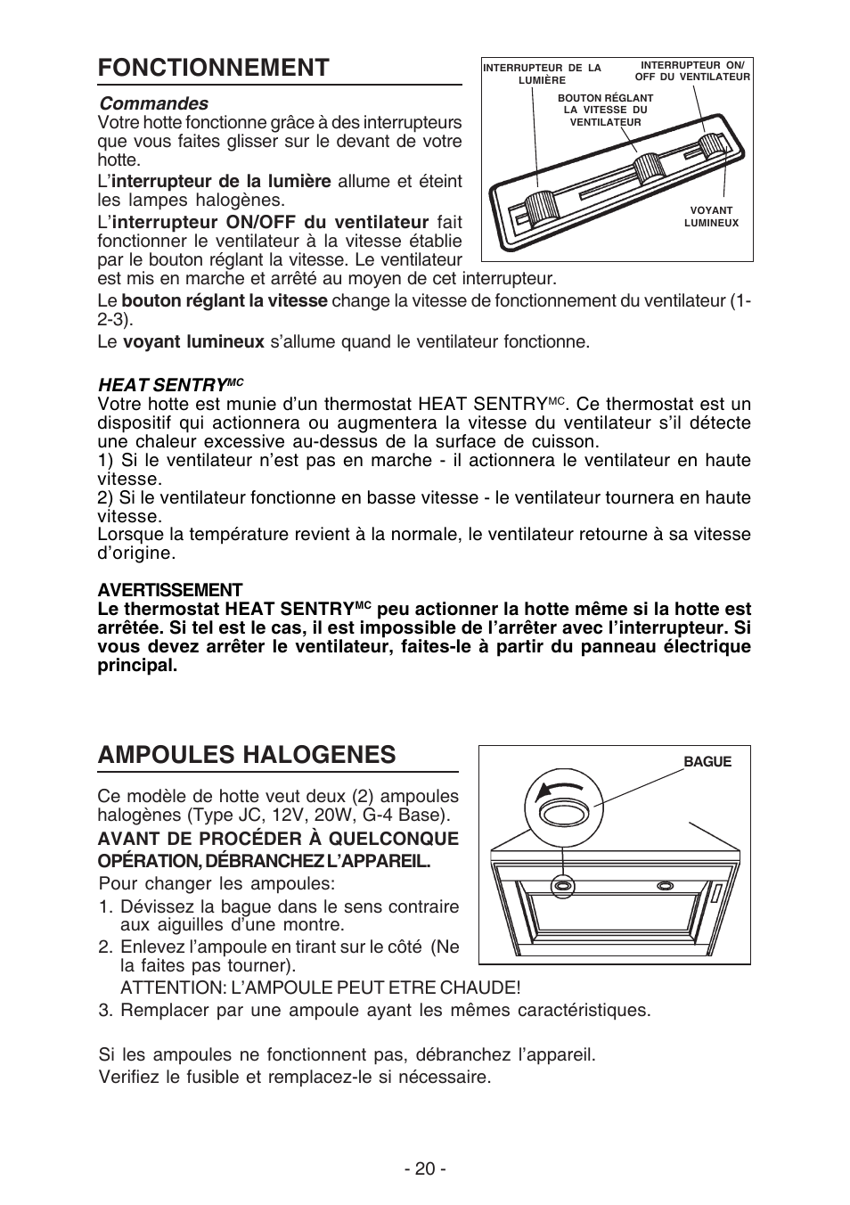 Ampoules halogenes, Fonctionnement | Broan 61000 User Manual | Page 20 / 36