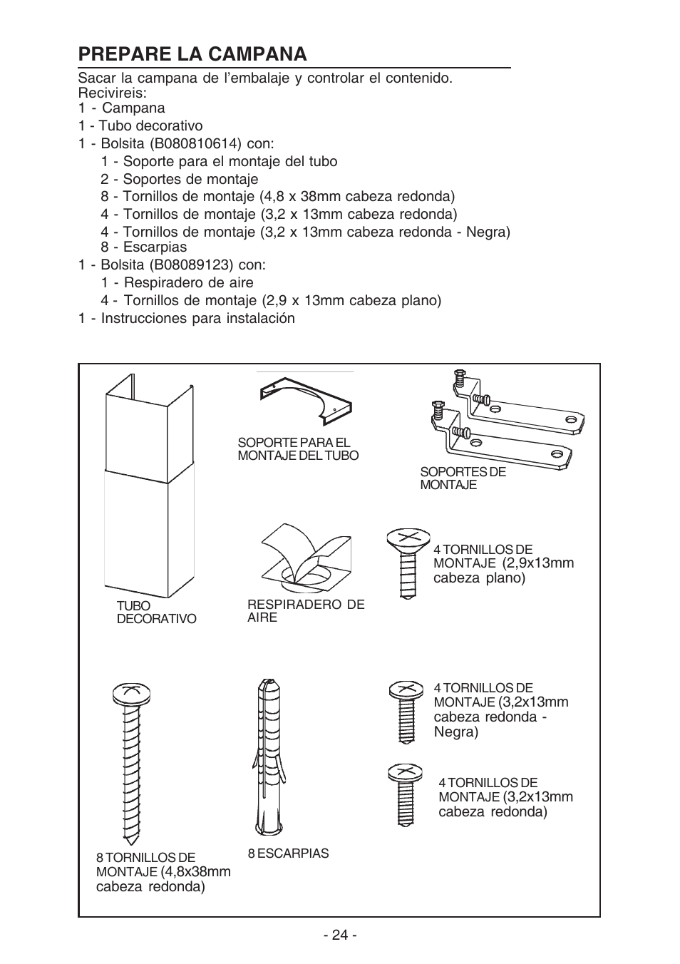 Prepare la campana | Broan 61000 User Manual | Page 24 / 36