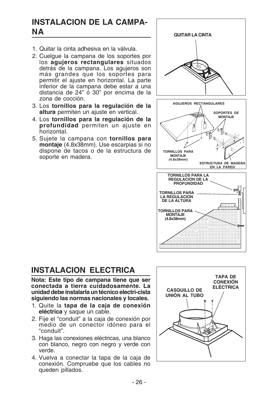 Instalacion de la campa- na, Instalacion electrica | Broan 61000 User Manual | Page 26 / 36