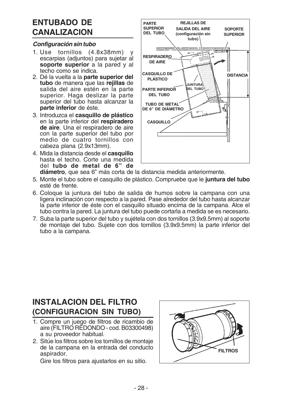 Entubado de canalizacion, Instalacion del filtro, Configuracion sin tubo) | Broan 61000 User Manual | Page 28 / 36