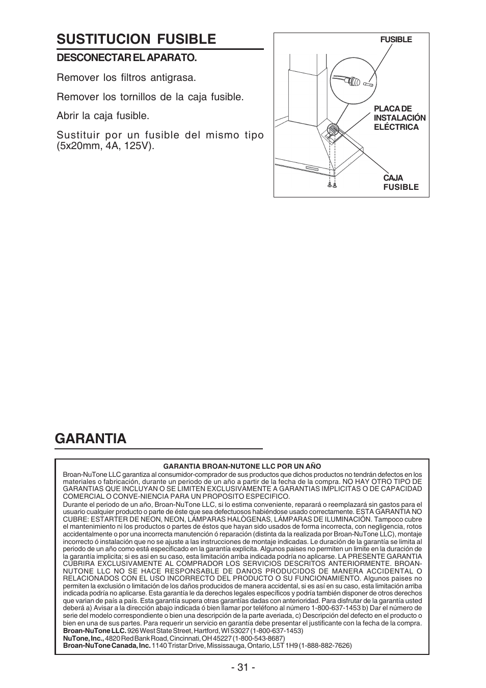 Sustitucion fusible, Garantia | Broan 61000 User Manual | Page 31 / 36