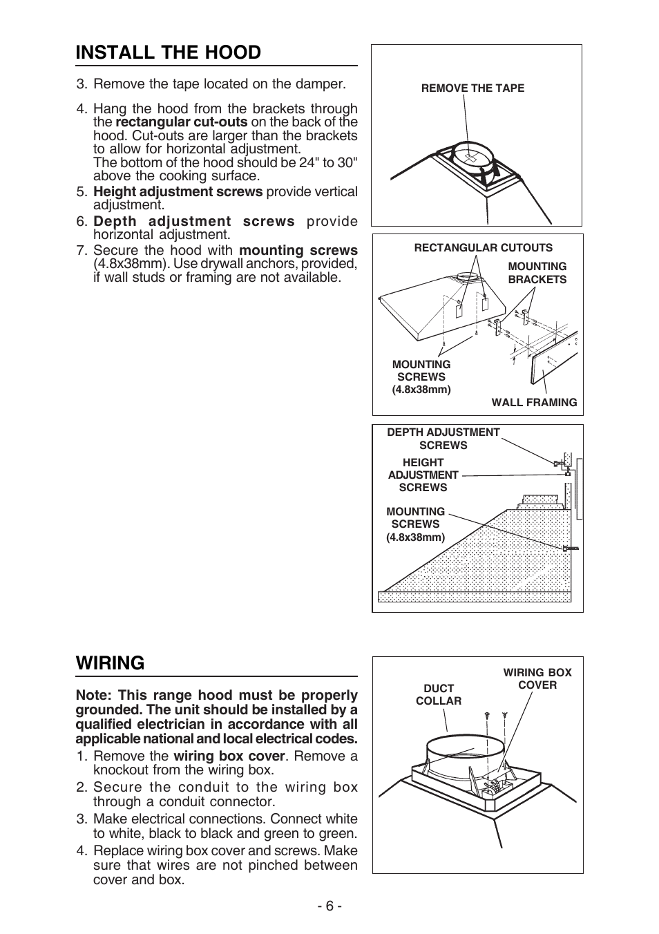 Install the hood, Wiring | Broan 61000 User Manual | Page 6 / 36