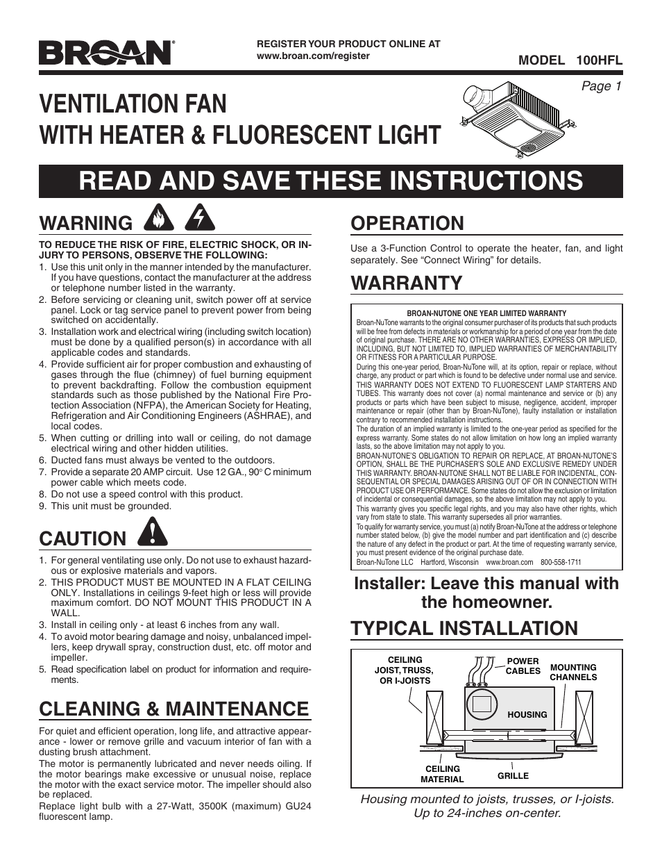 Broan Ventilation Fan with Light and Heater 100HFL User Manual | 8 pages