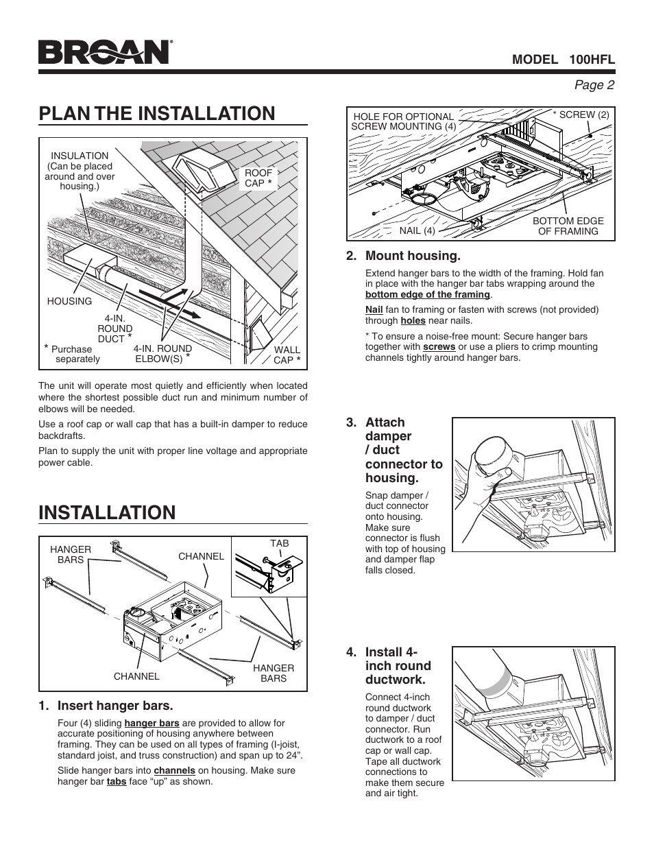 Plan the installation installation | Broan Ventilation Fan with Light and Heater 100HFL User Manual | Page 2 / 8