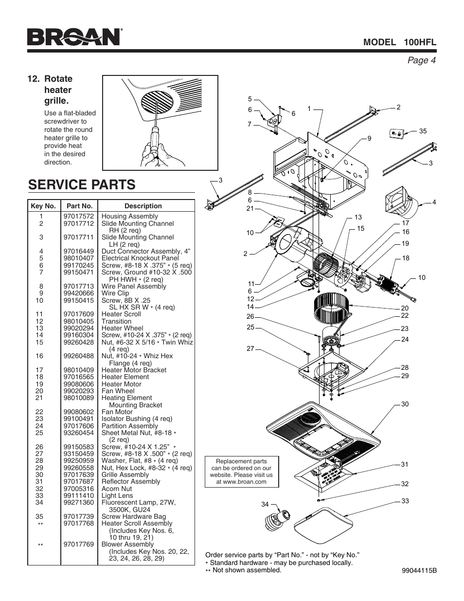 Service parts, Page 4 model 100hfl, Rotate heater grille | Broan Ventilation Fan with Light and Heater 100HFL User Manual | Page 4 / 8