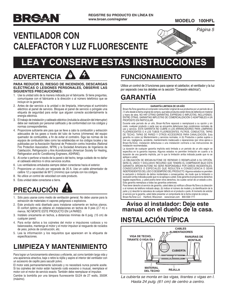 Advertencia, Precaución, Limpieza y mantenimiento garantía | Funcionamiento, Instalación típica, Página  modelo 100hfl | Broan Ventilation Fan with Light and Heater 100HFL User Manual | Page 5 / 8