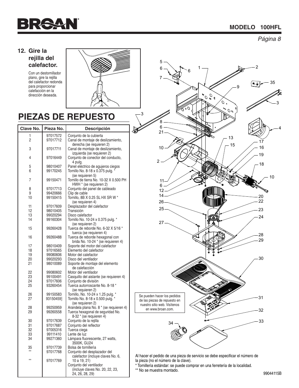 Piezas de repuesto, Página  modelo 100hfl, Gire la rejilla del calefactor | Broan Ventilation Fan with Light and Heater 100HFL User Manual | Page 8 / 8