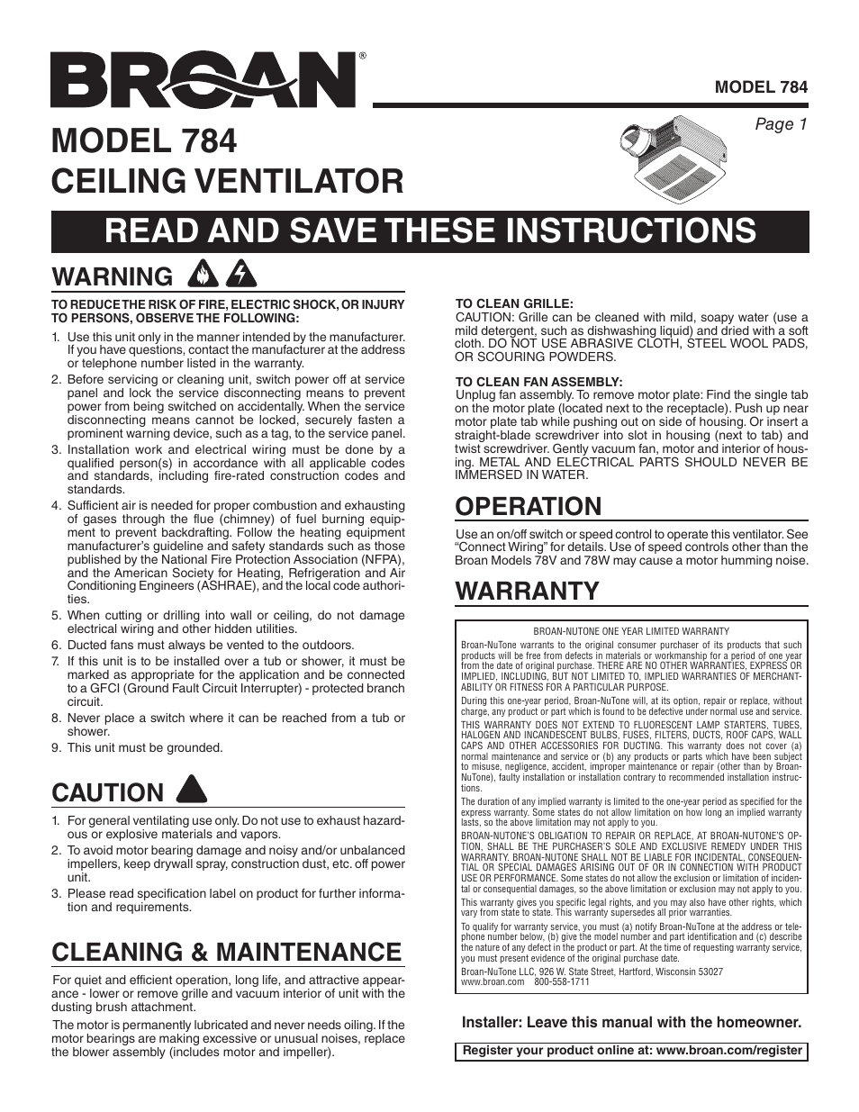 Broan 784 User Manual | 12 pages