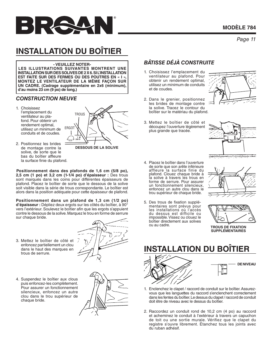 Installation du boîtier, Construction neuve | Broan 784 User Manual | Page 11 / 12