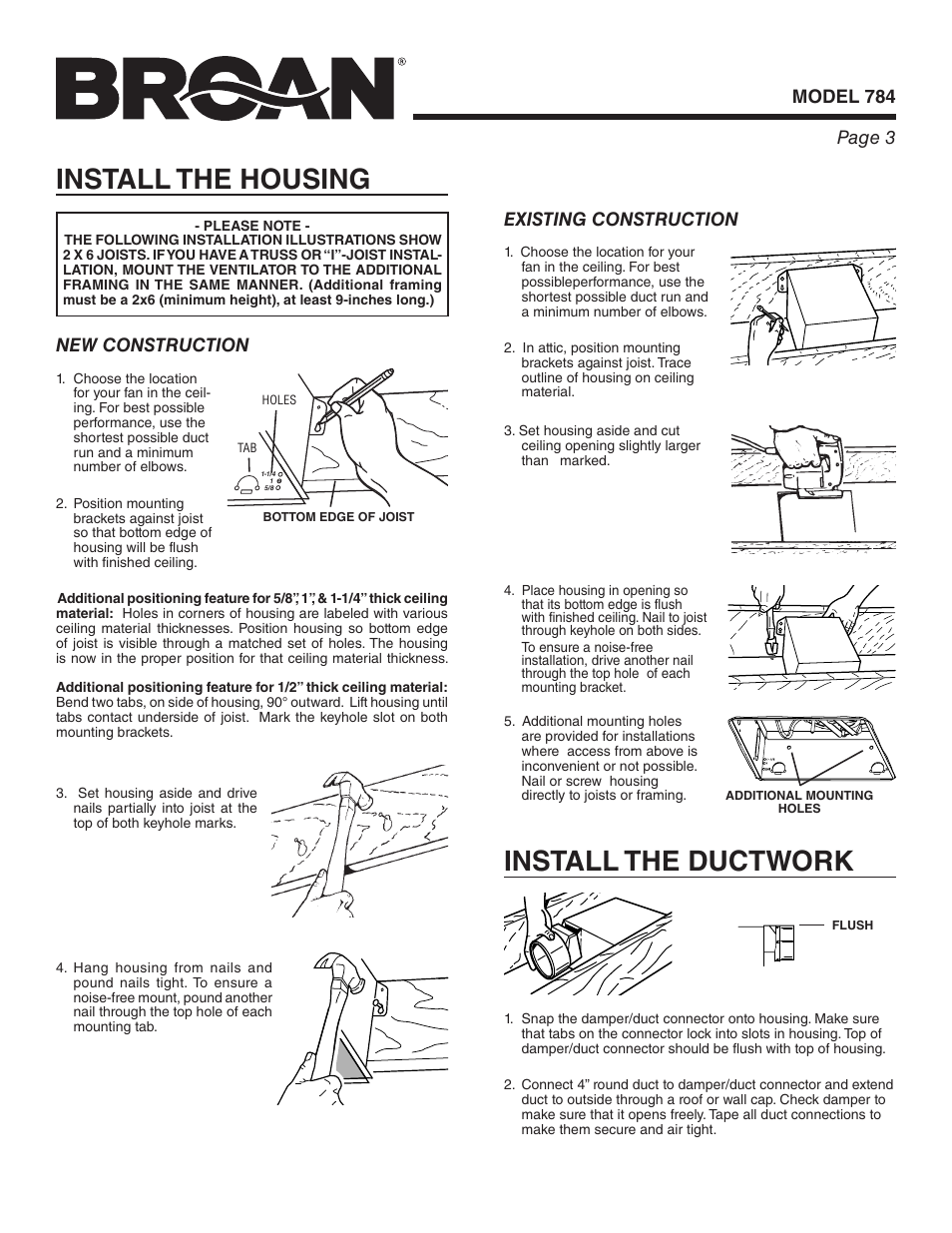 Install the ductwork, Install the housing, Model 784 page 3 existing construction | New construction | Broan 784 User Manual | Page 3 / 12