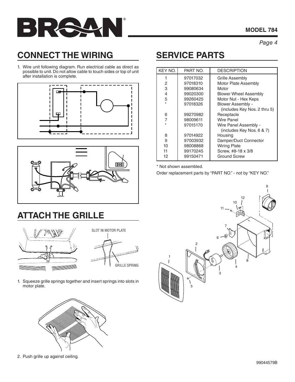 Connect the wiring, Attach the grille, Service parts | Model 784 page 4 | Broan 784 User Manual | Page 4 / 12