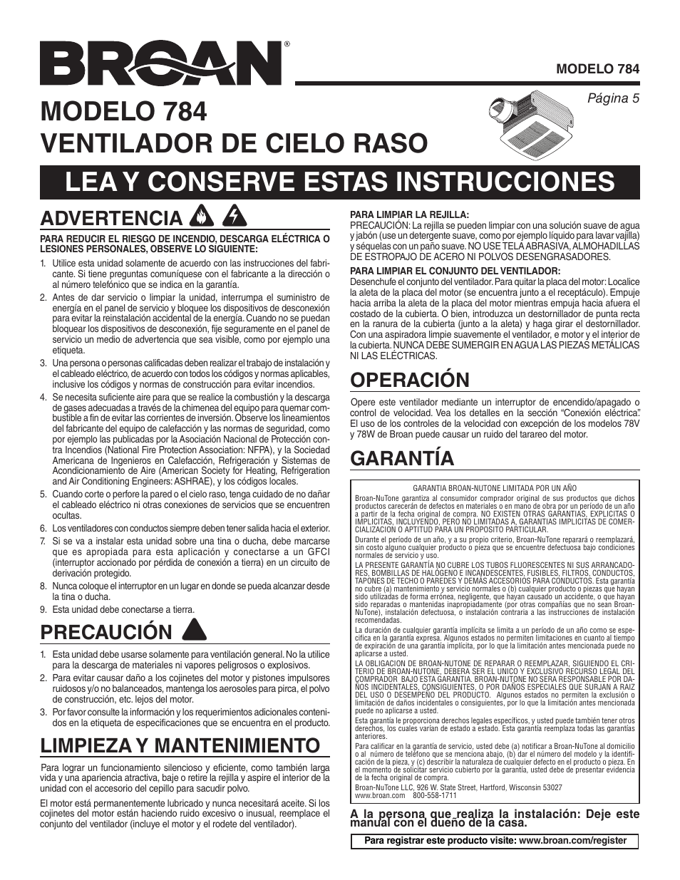 Advertencia, Precaución, Limpieza y mantenimiento | Operación, Garantía, Modelo 784 página 5 | Broan 784 User Manual | Page 5 / 12