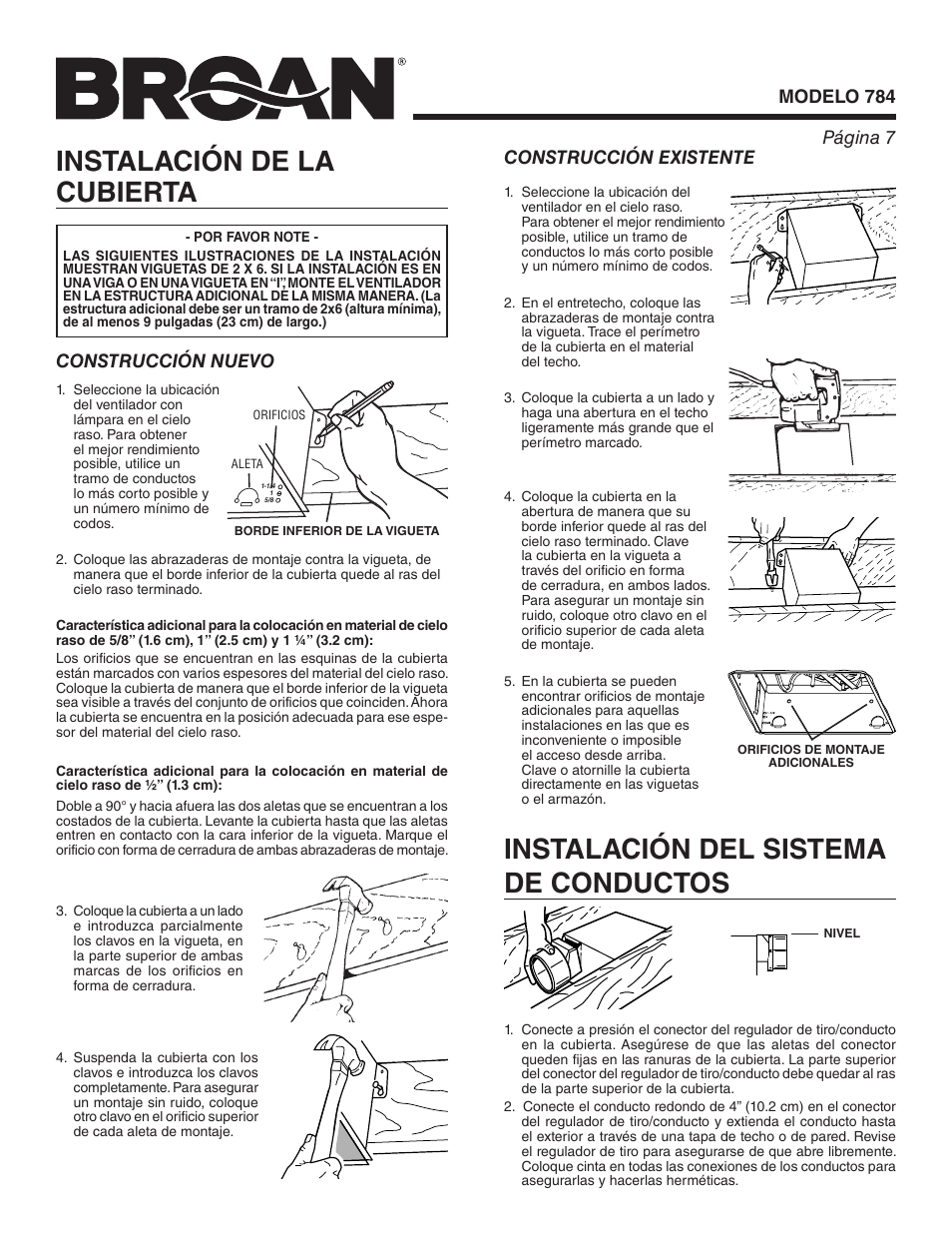 Instalación de la cubierta, Instalación del sistema de conductos, Modelo 784 página 7 | Construcción nuevo a, Construcción existente | Broan 784 User Manual | Page 7 / 12