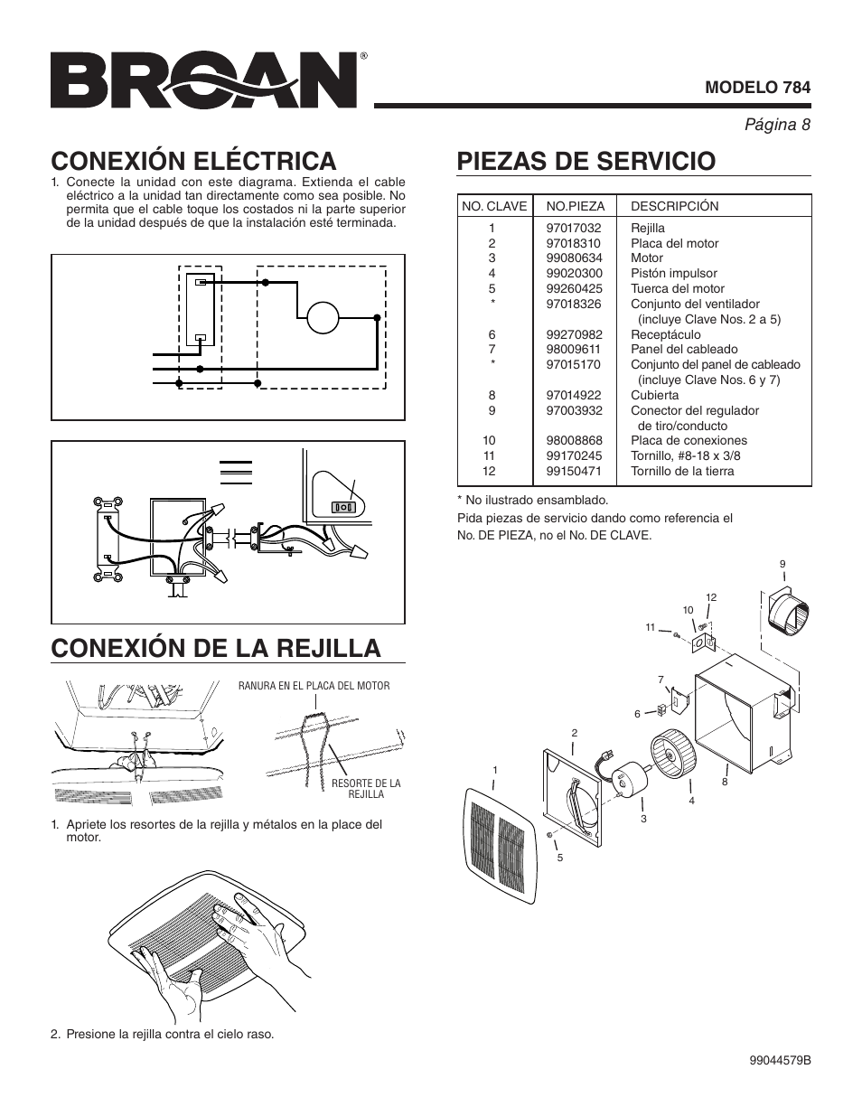 Conexión eléctrica, Conexión de la rejilla, Piezas de servicio | Modelo 784 página 8 | Broan 784 User Manual | Page 8 / 12