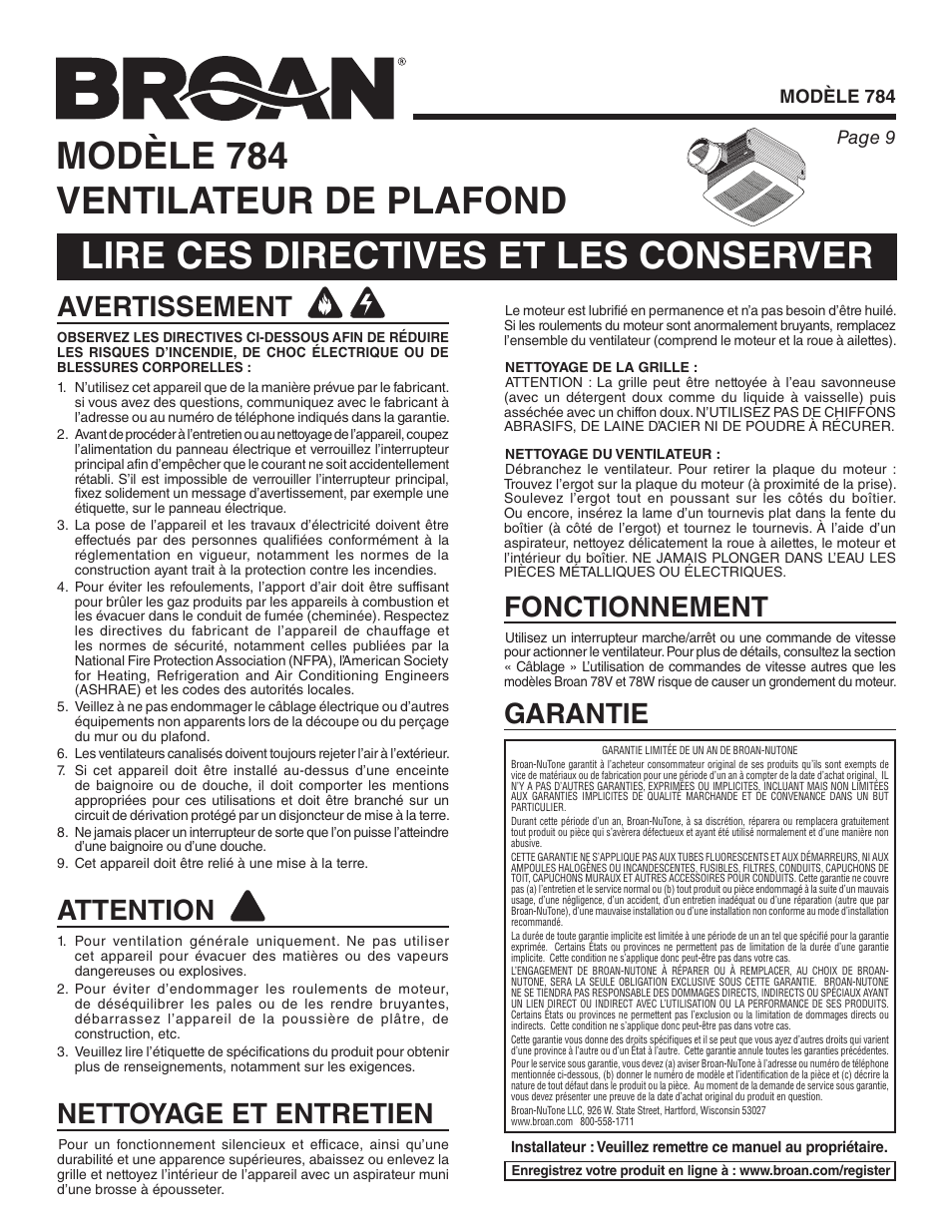 Fonctionnement, Garantie, Avertissement | Attention, Nettoyage et entretien | Broan 784 User Manual | Page 9 / 12