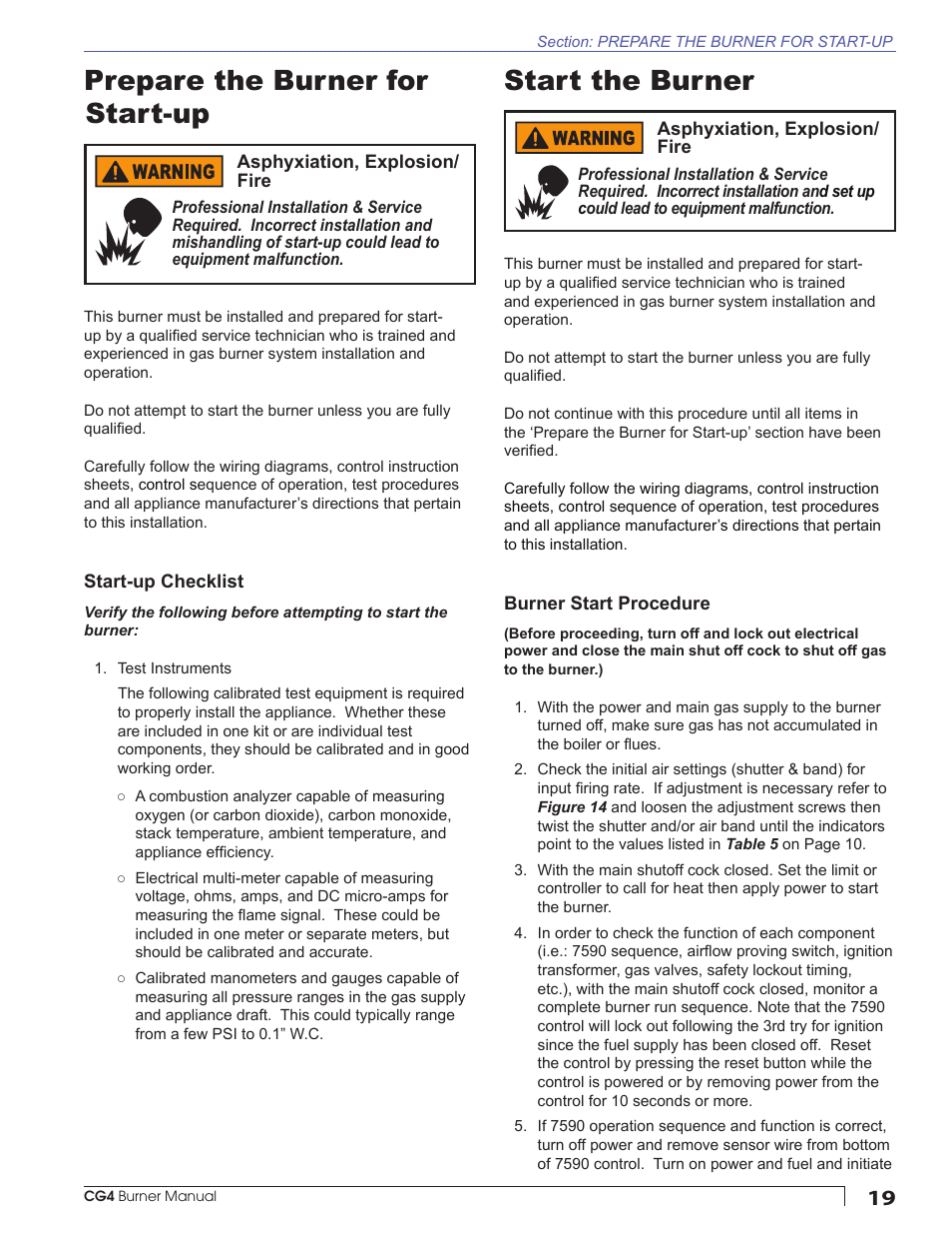 Prepare the burner for start-up, Start-up checklist, Start the burner | Burner start procedure | Beckett CG4 User Manual | Page 19 / 28