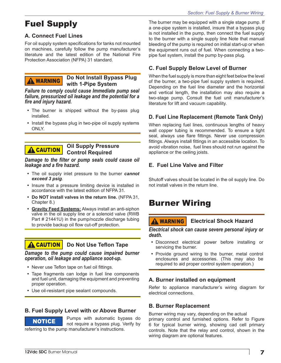 Fuel supply, Burner wiring | Beckett SDC 12V User Manual | Page 7 / 16