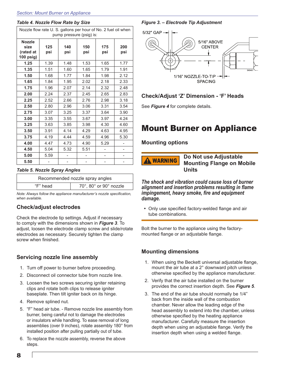 Mount burner on appliance, Mounting options, Mounting dimensions | Check/adjust electrodes, Servicing nozzle line assembly, Check/adjust ‘z’ dimension - ‘f’ heads | Beckett SM User Manual | Page 8 / 20