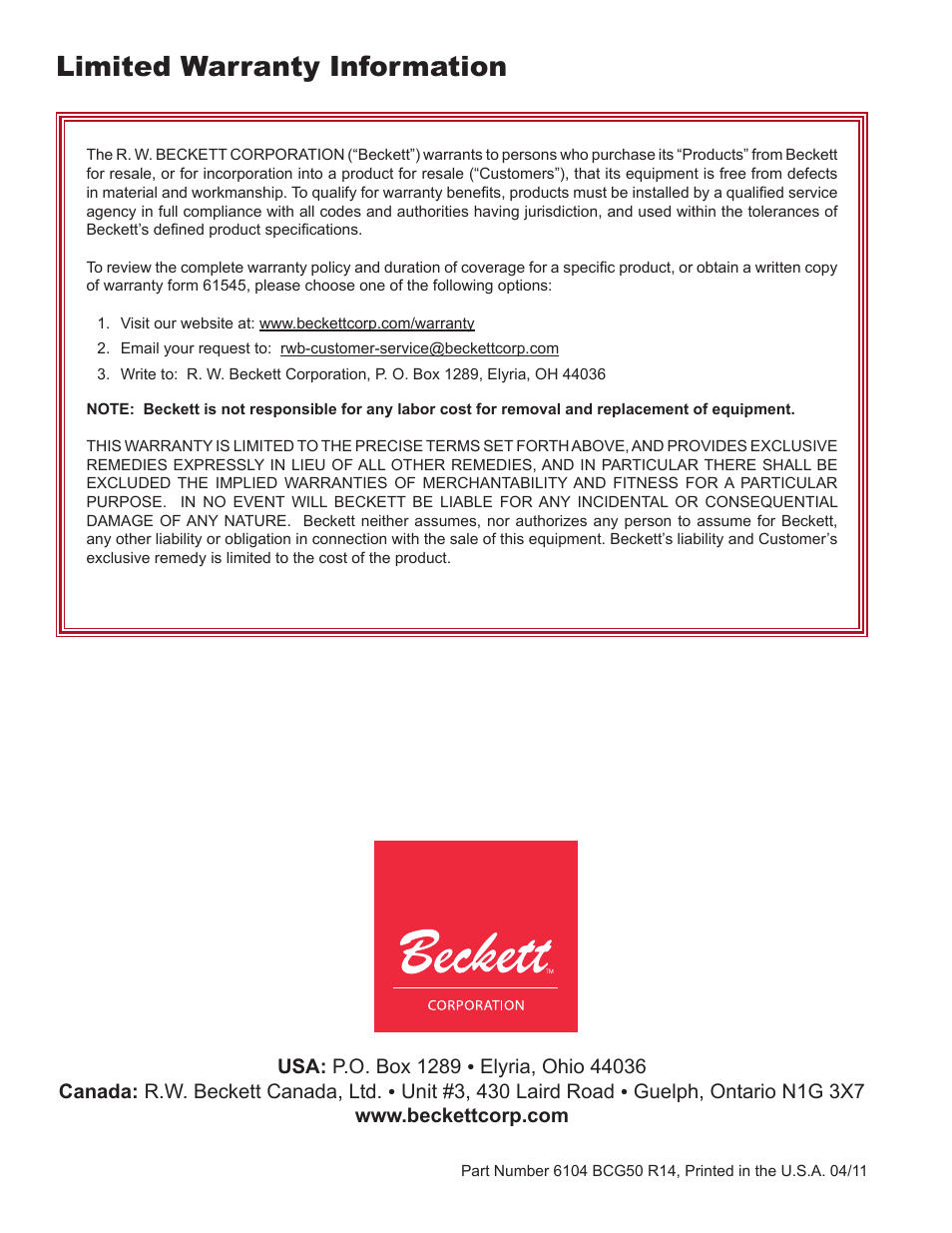 Limited warranty information | Beckett CG50 User Manual | Page 36 / 36
