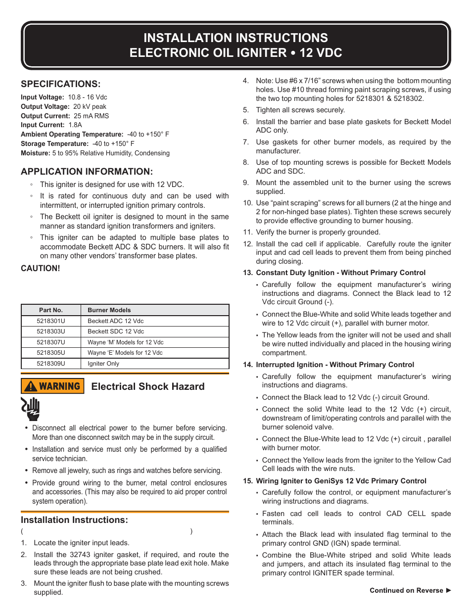 Beckett 61828 12V Oil Igniter User Manual | 4 pages