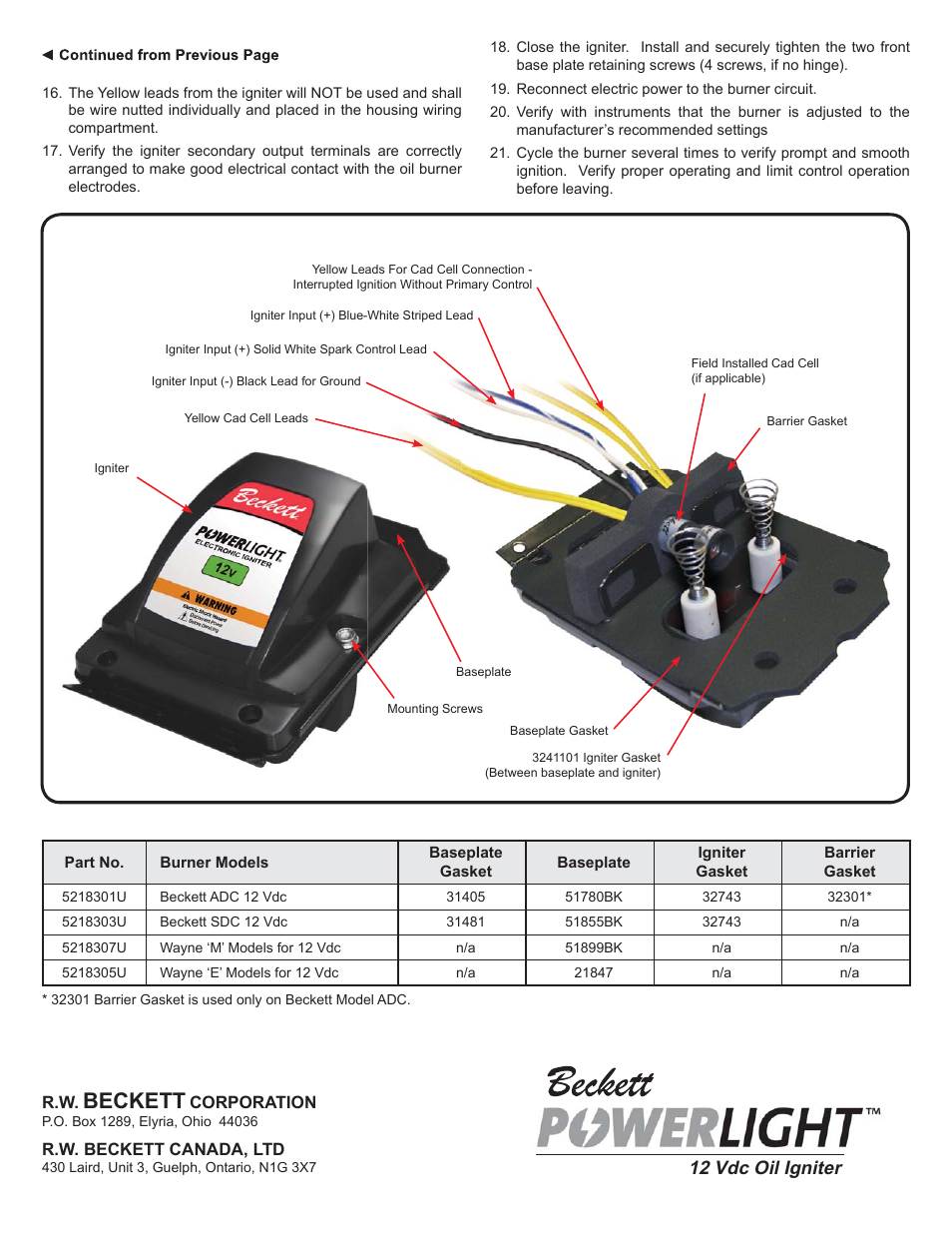 Beckett, 12 vdc oil igniter | Beckett 61828 12V Oil Igniter User Manual | Page 2 / 4