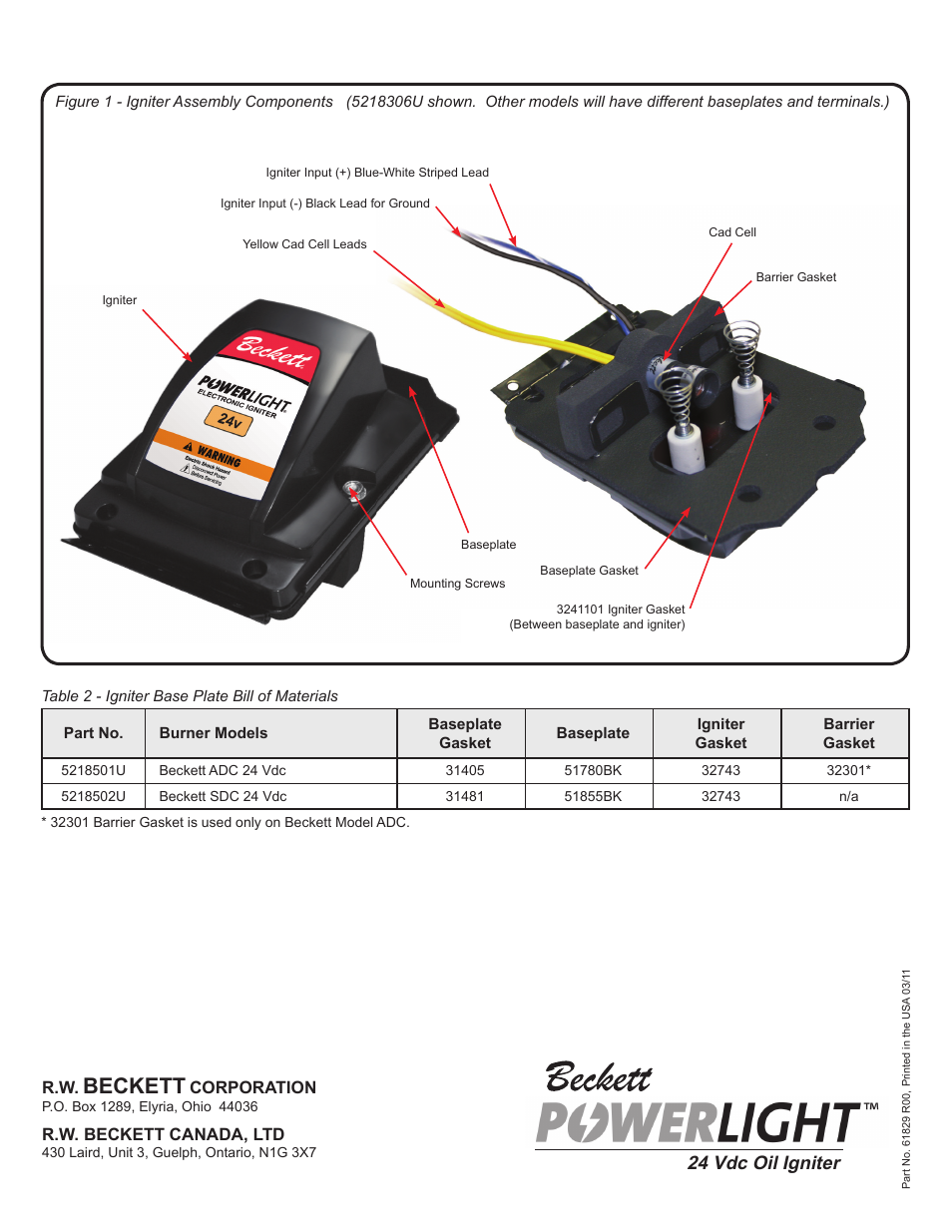 Beckett, 24 vdc oil igniter | Beckett 61829 24V Oil Igniter User Manual | Page 2 / 2