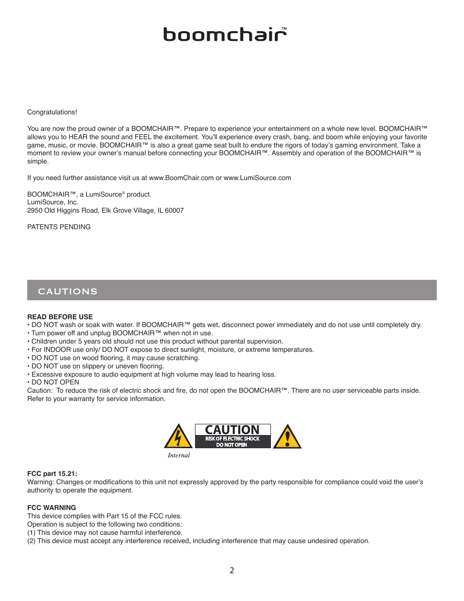 Caution, Cautions | BoomChair SX4 User Manual | Page 2 / 8