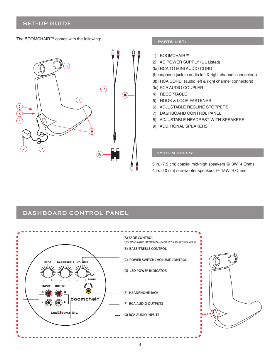 Set-up guide, Dashboard control panel | BoomChair SX4 User Manual | Page 3 / 8