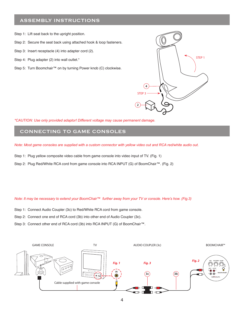 Connecting to game consoles, Assembly instructions | BoomChair SX4 User Manual | Page 4 / 8