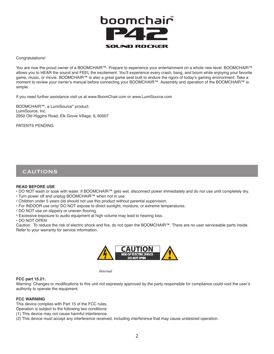 Cautions | BoomChair P42 User Manual | Page 2 / 8