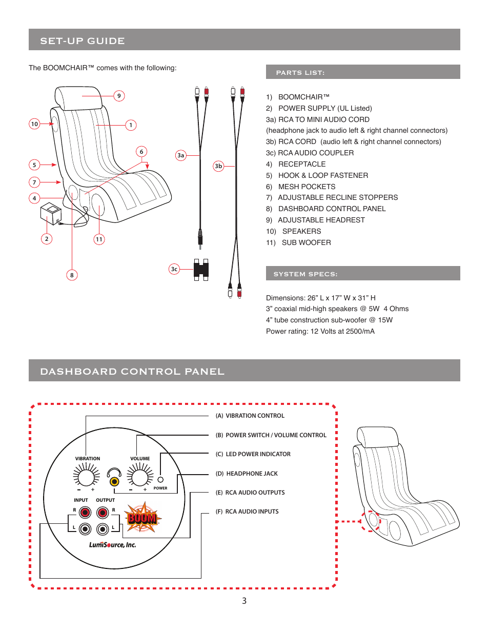 Set-up guide, Dashboard control panel | BoomChair P42 User Manual | Page 3 / 8