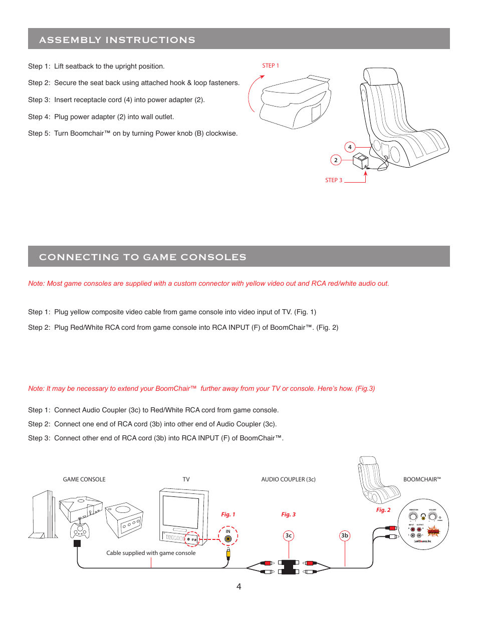 Connecting to game consoles, Assembly instructions | BoomChair P42 User Manual | Page 4 / 8