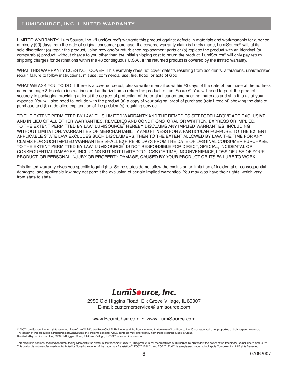 Lumisource, inc. limited warranty | BoomChair P42 User Manual | Page 8 / 8