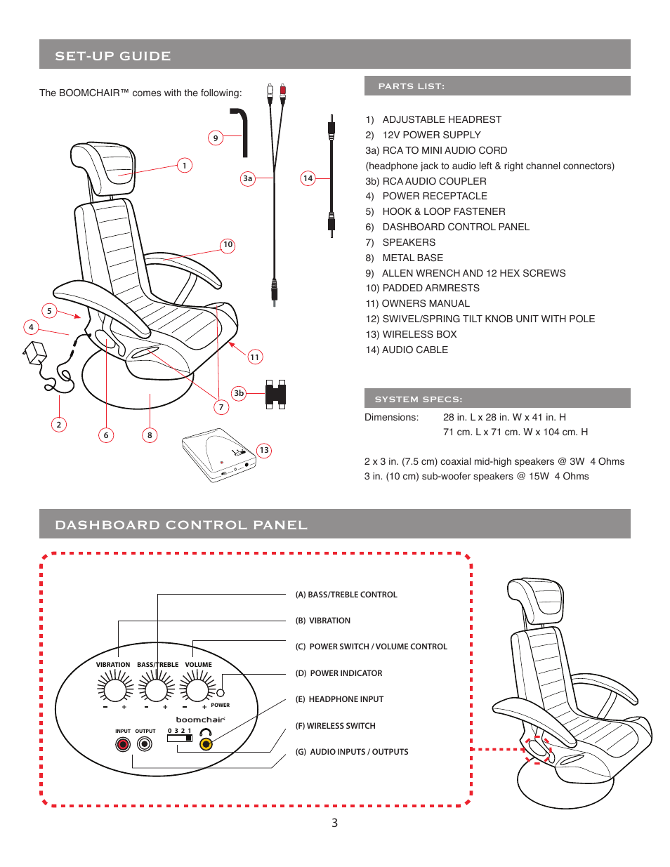 Set-up guide, Dashboard control panel | BoomChair Video Game Furniture User Manual | Page 3 / 8