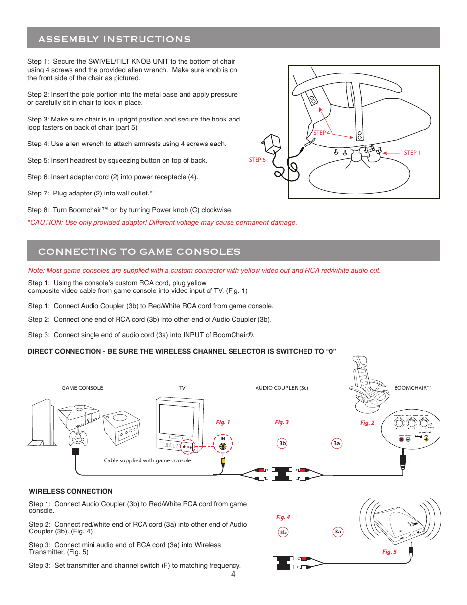 Assembly instructions, Connecting to game consoles | BoomChair Video Game Furniture User Manual | Page 4 / 8