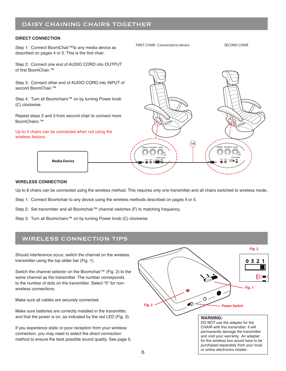 Daisy chaining chairs together, Wireless connection tips, Volume | BoomChair Video Game Furniture User Manual | Page 6 / 8