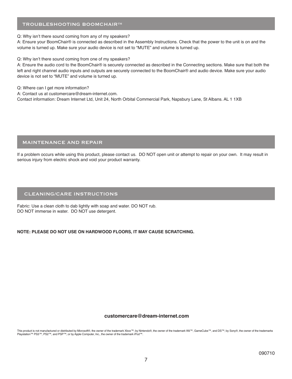 7cleaning/care instructions, Maintenance and repair, Troubleshooting boomchair | BoomChair Video Game Furniture User Manual | Page 7 / 8