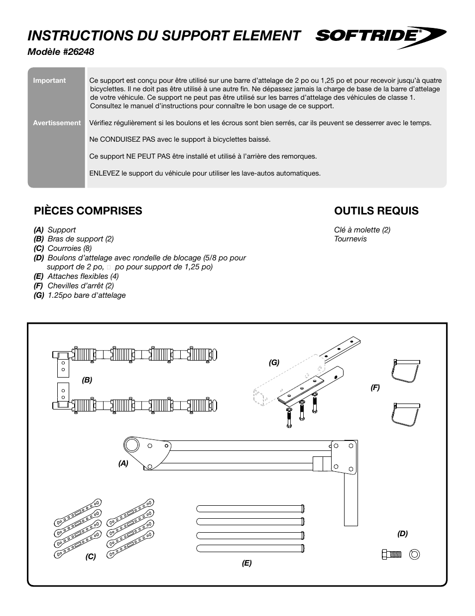 Instructions du support element, Pièces comprises, Outils requis | Softride 26248 Element 4 bike rack User Manual | Page 5 / 14