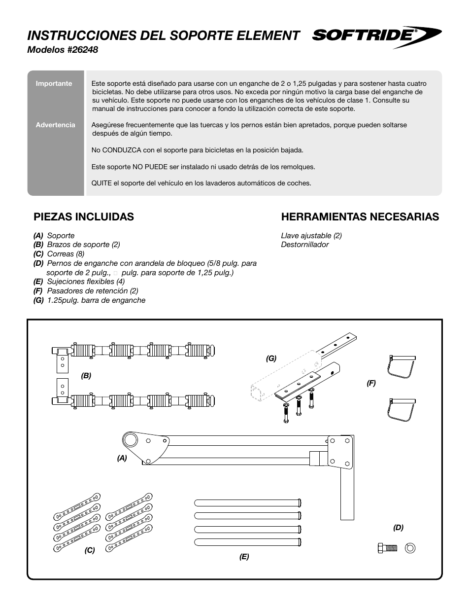 Instrucciones del soporte element, Piezas incluidas, Herramientas necesarias | Softride 26248 Element 4 bike rack User Manual | Page 9 / 14