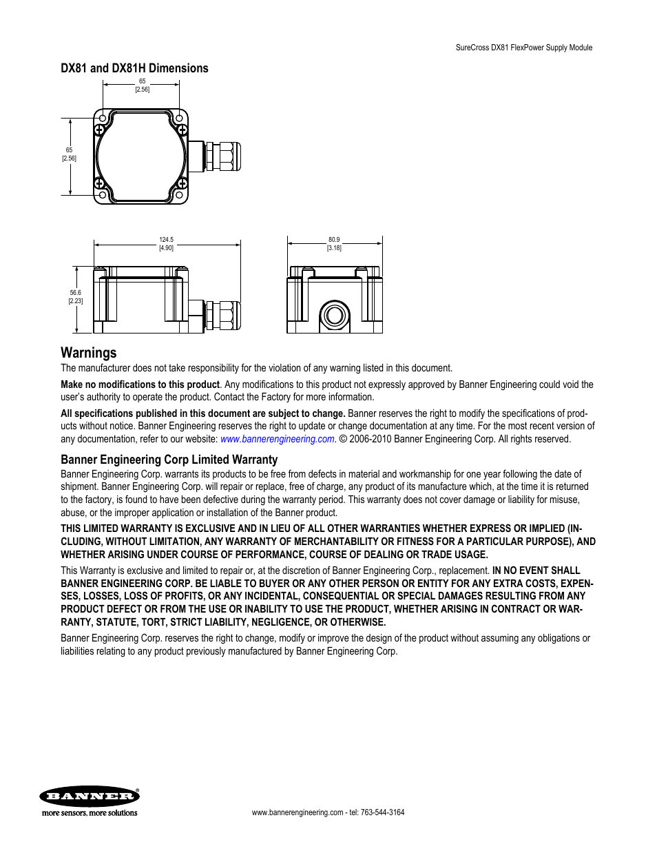 Warnings, Dx81 and dx81h dimensions, Banner engineering corp limited warranty | Banner SureCross DX81 User Manual | Page 3 / 3