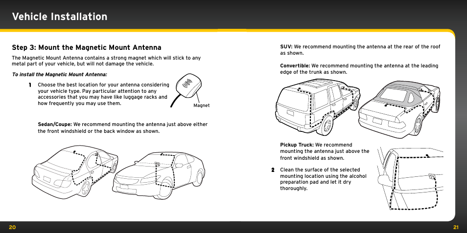 Vehicle installation, Step 3: mount the magnetic mount antenna | Audiovox ONYX User Manual | Page 11 / 58