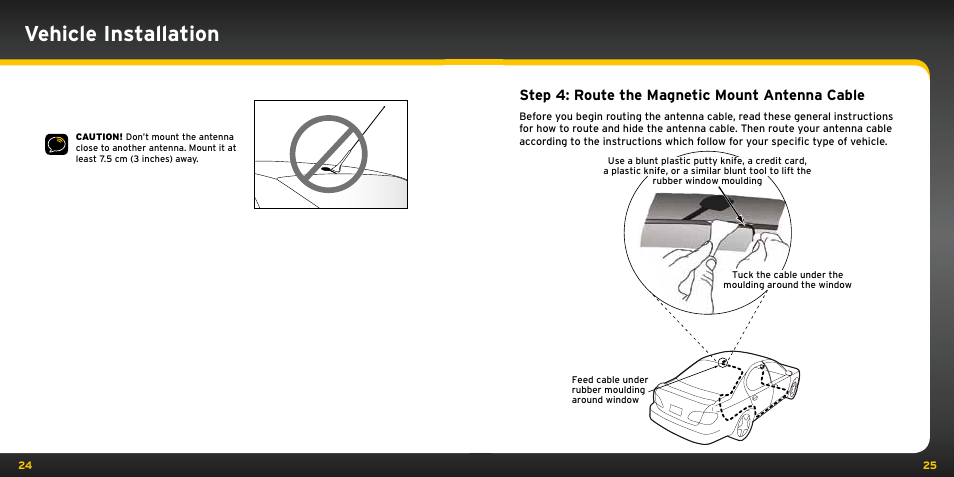 Vehicle installation, Step 4: route the magnetic mount antenna cable | Audiovox ONYX User Manual | Page 13 / 58