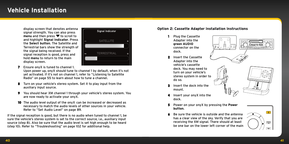 Vehicle installation, Satellite terrestrial | Audiovox ONYX User Manual | Page 21 / 58